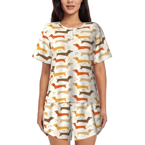 Balery Dachshund Conjunto de Pijama para Mujer con Estampado, Dos Piezas de Manga Corta y Shorts, Ropa de Dormir Suave con Cuello Redondo y Bolsillos-Small