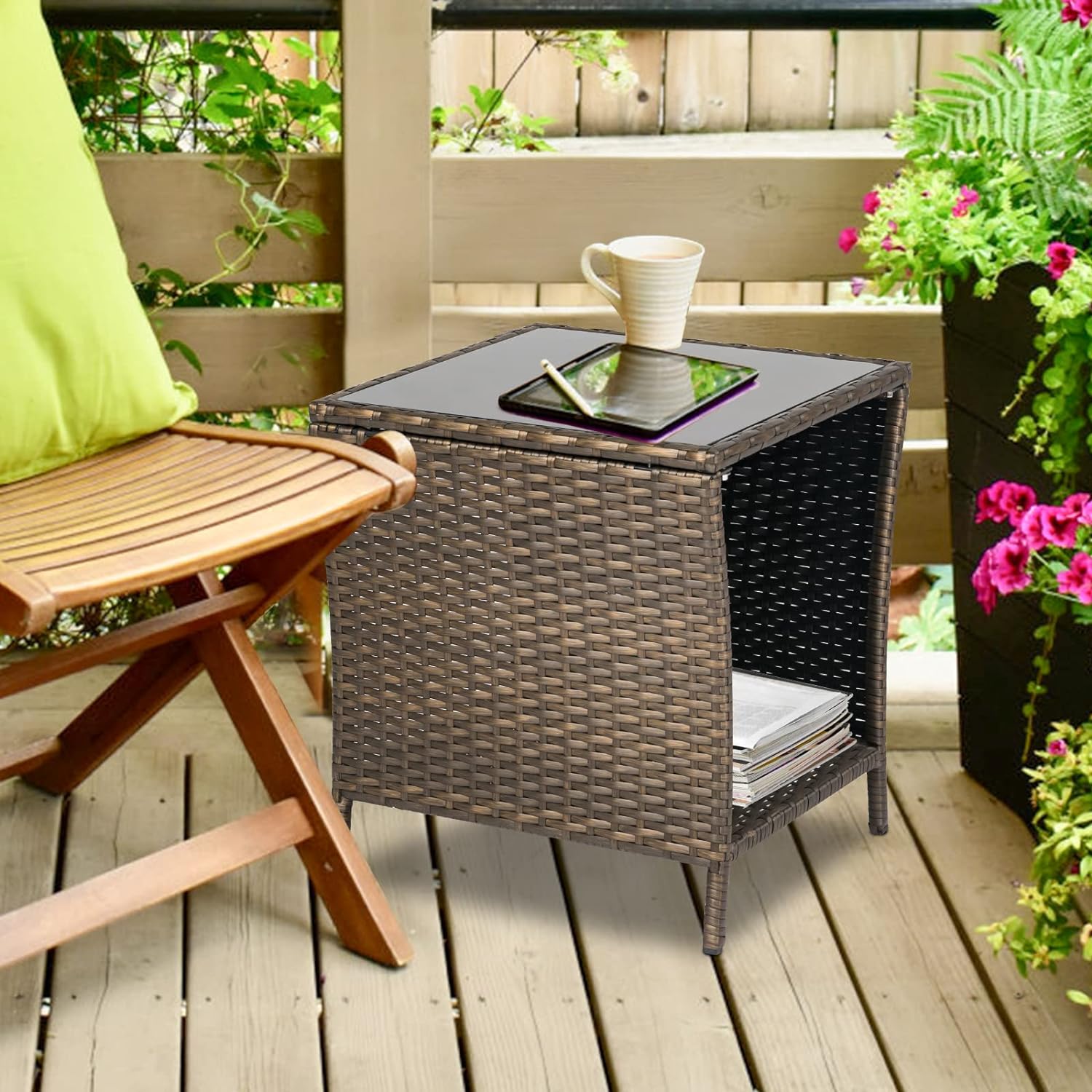 Kinbor Patio Wicker Rattan Side Table Outdoor Square Tempered Glass Top with Storage, Brown - image 3 of 8