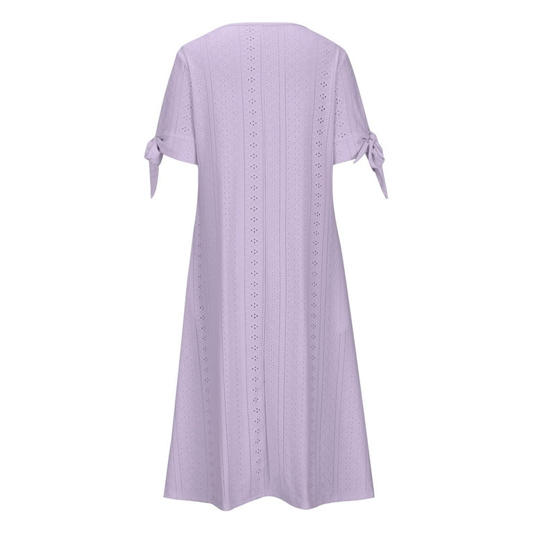 Meichang Womens Boho Eyelet Pastel Dresses Button V Neck Tie Knot Short Sleeve Flowy Beach Vacation Midi Dresses Casual Work Dresses with Pockets