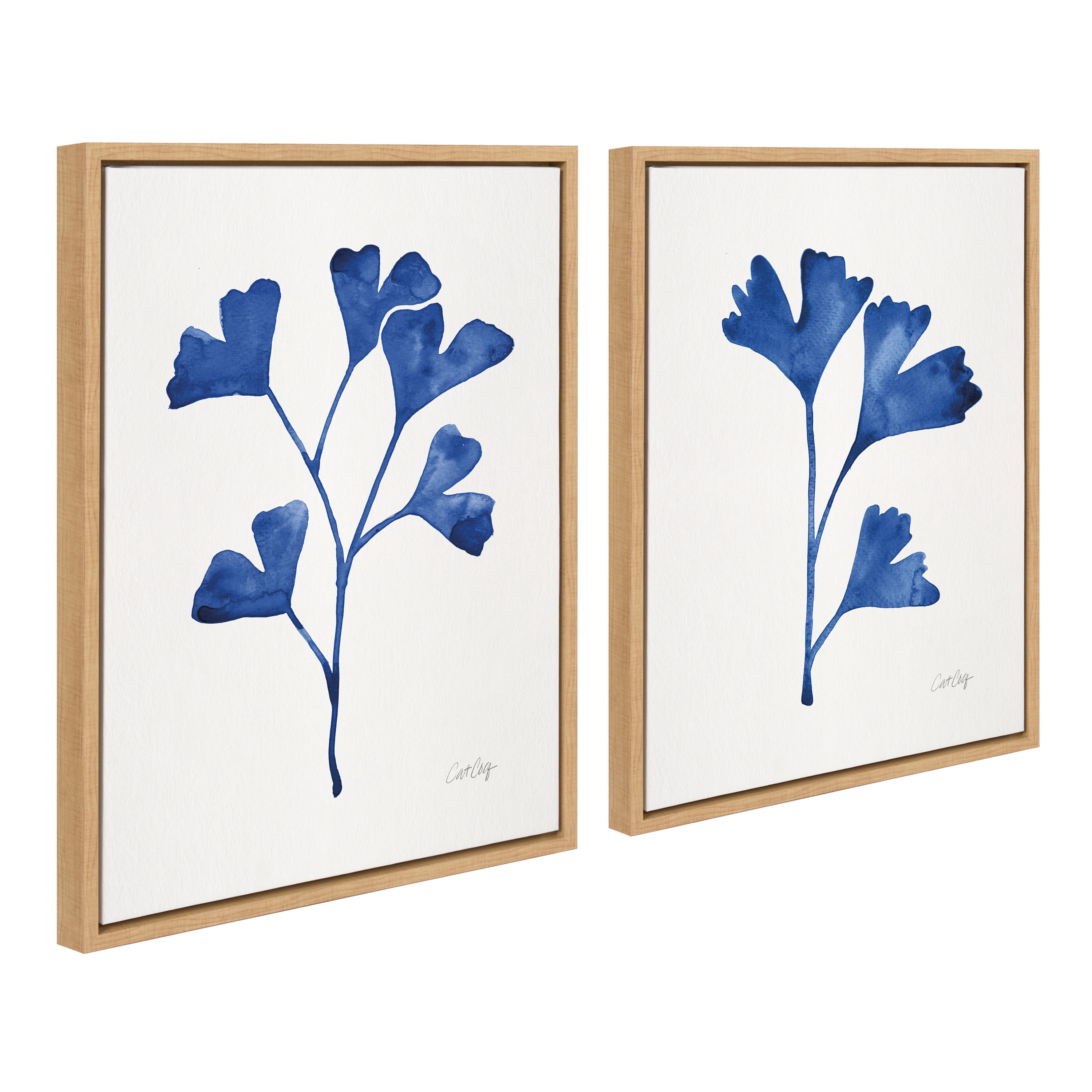 Kate and Laurel Sylvie Navy Ginkgo and Navy Ginkgo Trio Minimalist Flower Art Set Framed Canvas Wall Art, 18" x 24", Set of 2, by Cat Coquillette