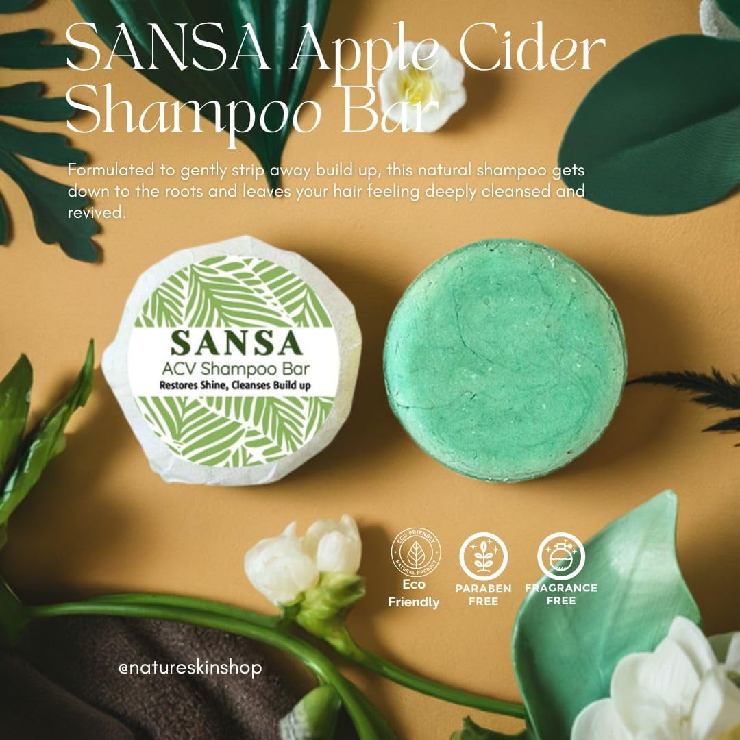 Nature Skin Shop Sansa Apple Cider Vinegar Clarifying Shampoo Bar, Removes Buildup & Adds Shine for Dull, Oily Hair, Sulfate-Free