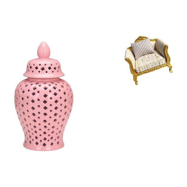 Tarro de cerámica para jengibre,Jarrón de cerámica con jengibre y arreglo floral,Jarrón decorativo de porcelana con tapa,sofá de casa de muñecas,Muebles para casa de muñecas,modelo de