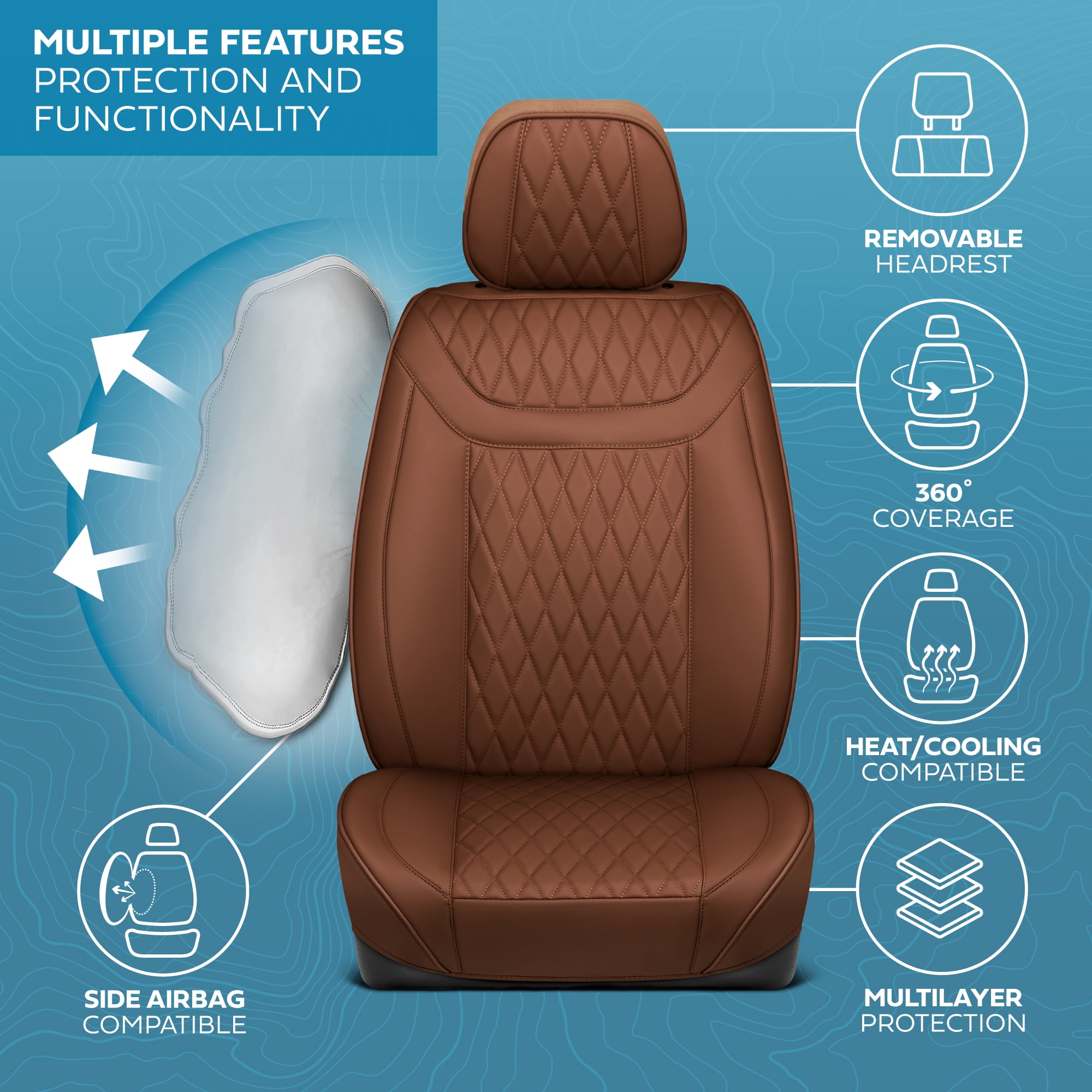 MotorBox Car Seat Covers - Ranch Leatherette Faux Leather Brown Seat Covers for Car - Diamond Stitched Cushioned Interior Protectors for Automotive Accessories, Trucks, SUV, Cars - Two Front Covers