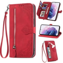 TECH CIRCLE Samsung Galaxy S23 Wallet Case,Embossed Flower PU Leather Folio Flip Protective Zipper Cover with Wrist Strap RFID Blocking Card Holder Kickstand Case for Galaxy S23 6.1" 2023, Red