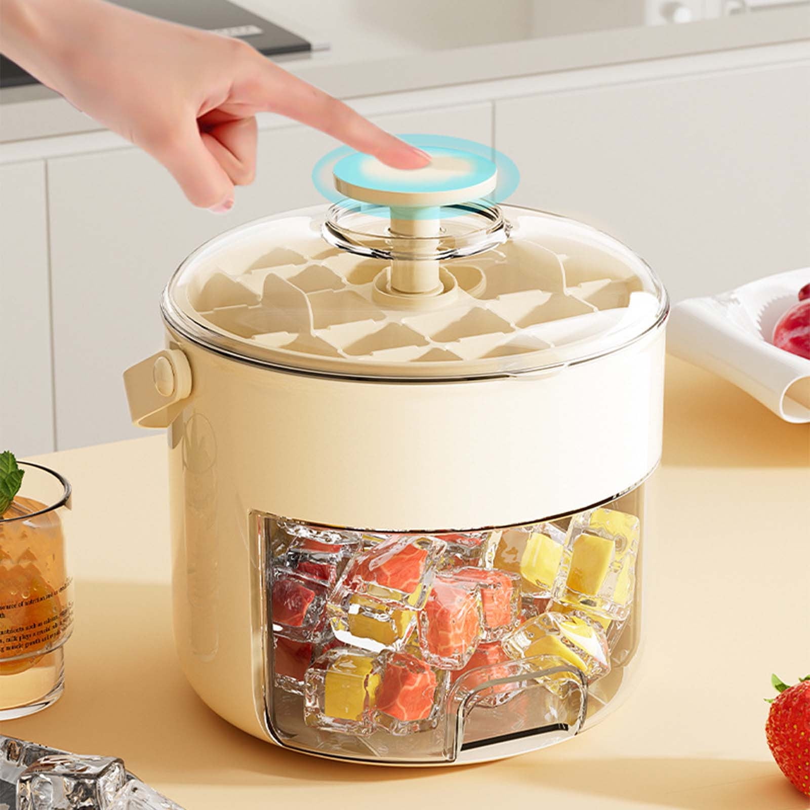 Ice Cube Tray with Lid and Bin,42 Grid Ice Cube Mold Two Layer Storage Box,Flexible Ice Cube Trays One-Click Demolding,Pull-Out Ice Drawer with Portable Handle,Whiskey Cocktail Tools Cream Maker