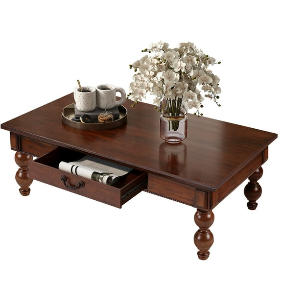 JERFIT Vintage Farmhouse Coffee Table with Storage Drawer, No-Tools Assembly Solid Wood Legs, Rectangular Cocktail Table for Living Room, Walnut Finish