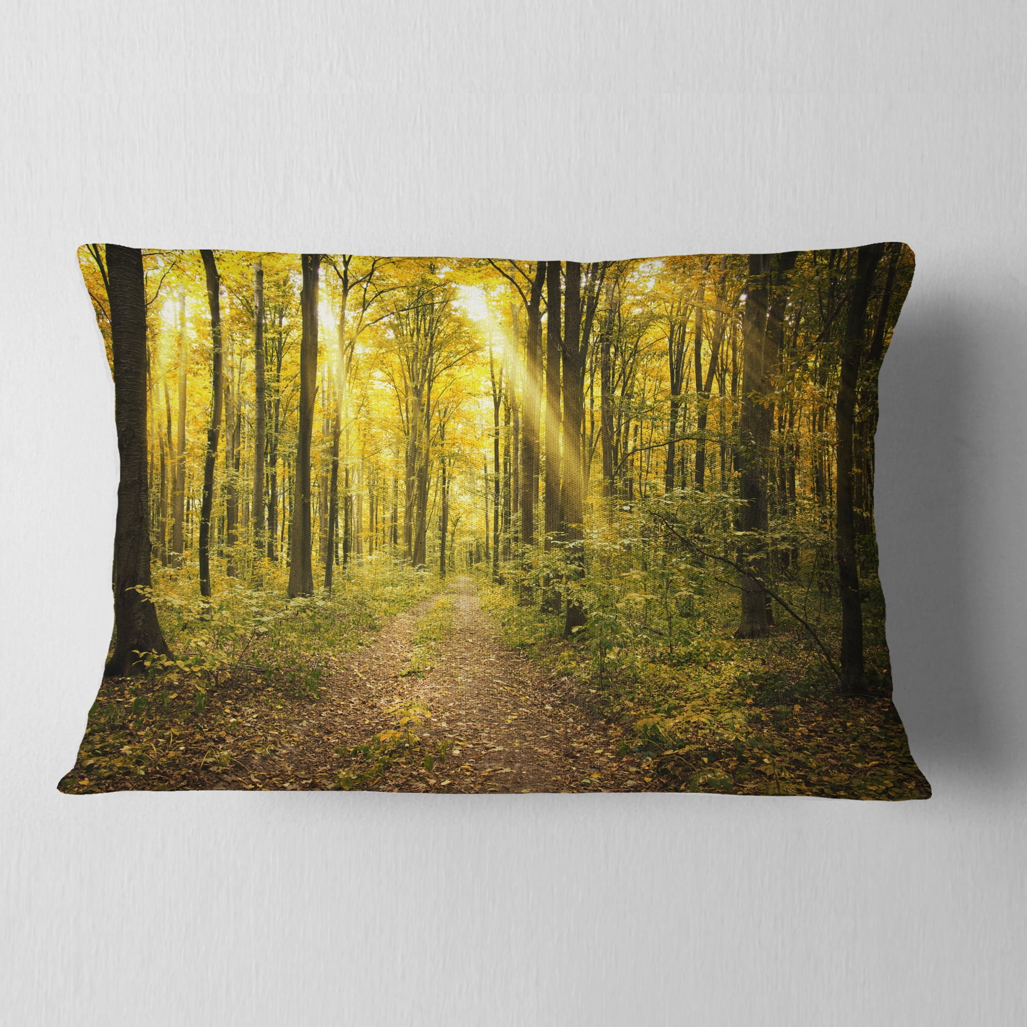 Designart Sunset in Green Autumn Forest - Modern Forest Throw Pillow - 12x20