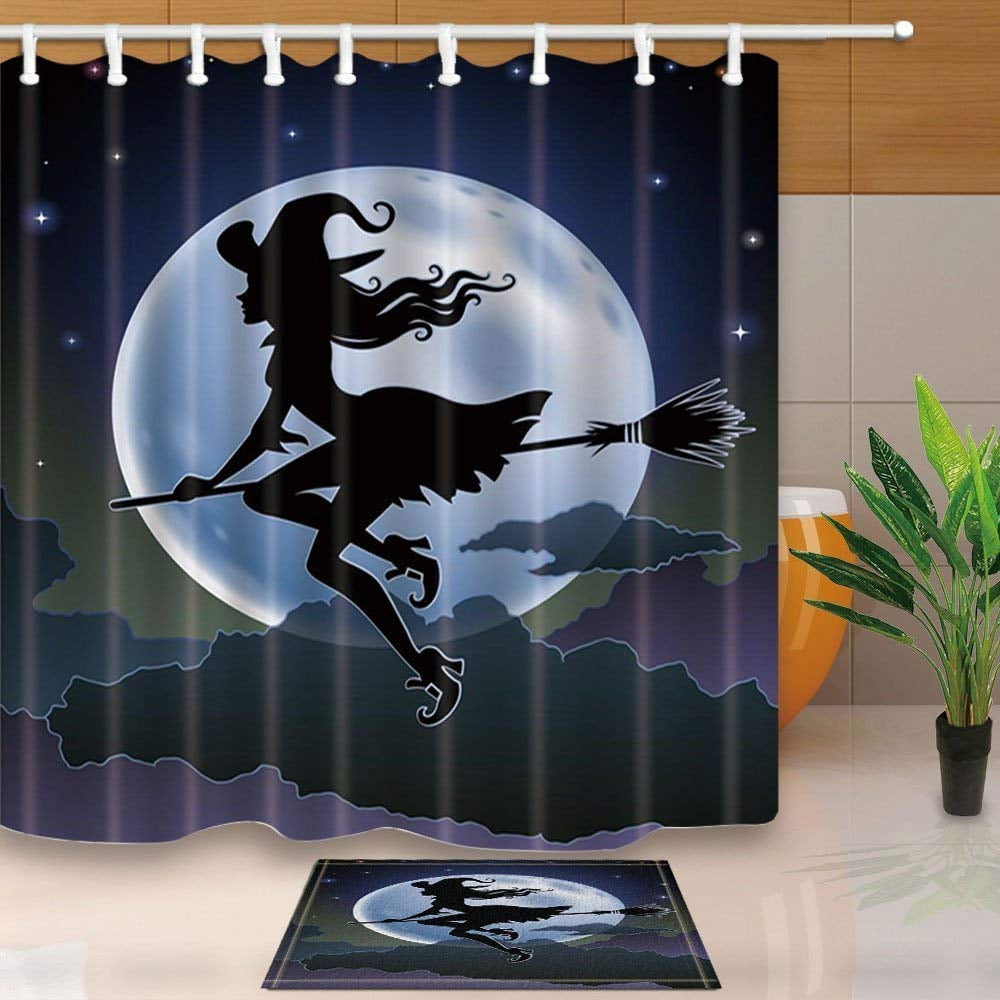 ARTJIA Halloween Decor Witch Riding a Broom Against Full Moon Shower
