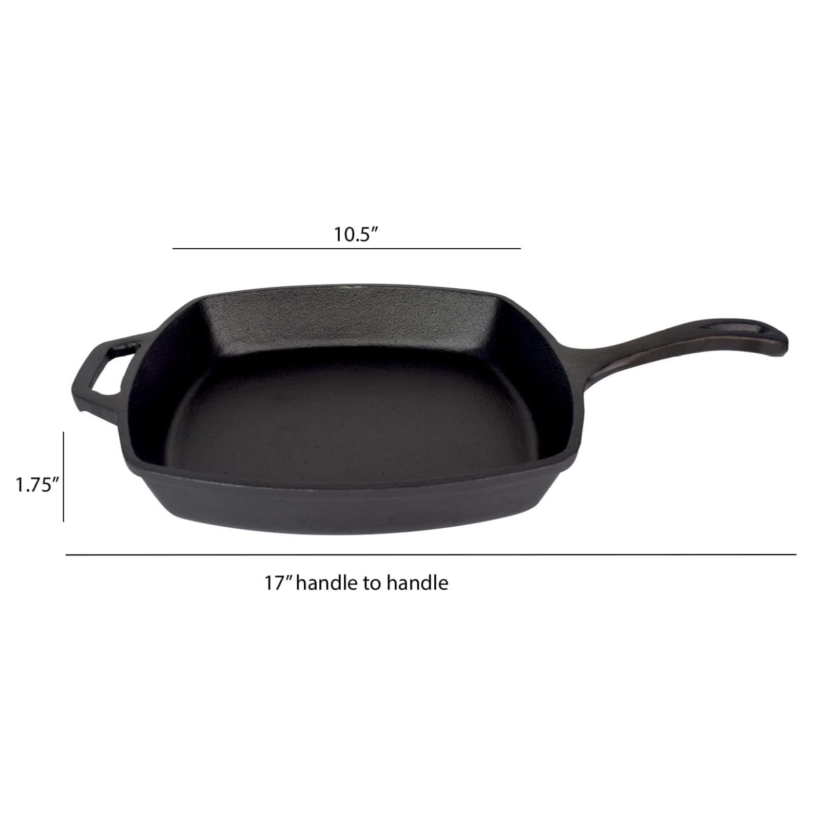 JB0217 10.5" Pre Seasoned Cast Iron Square Skillet for Grill, Gas, Oven, Electric, Induction and Glass, Black