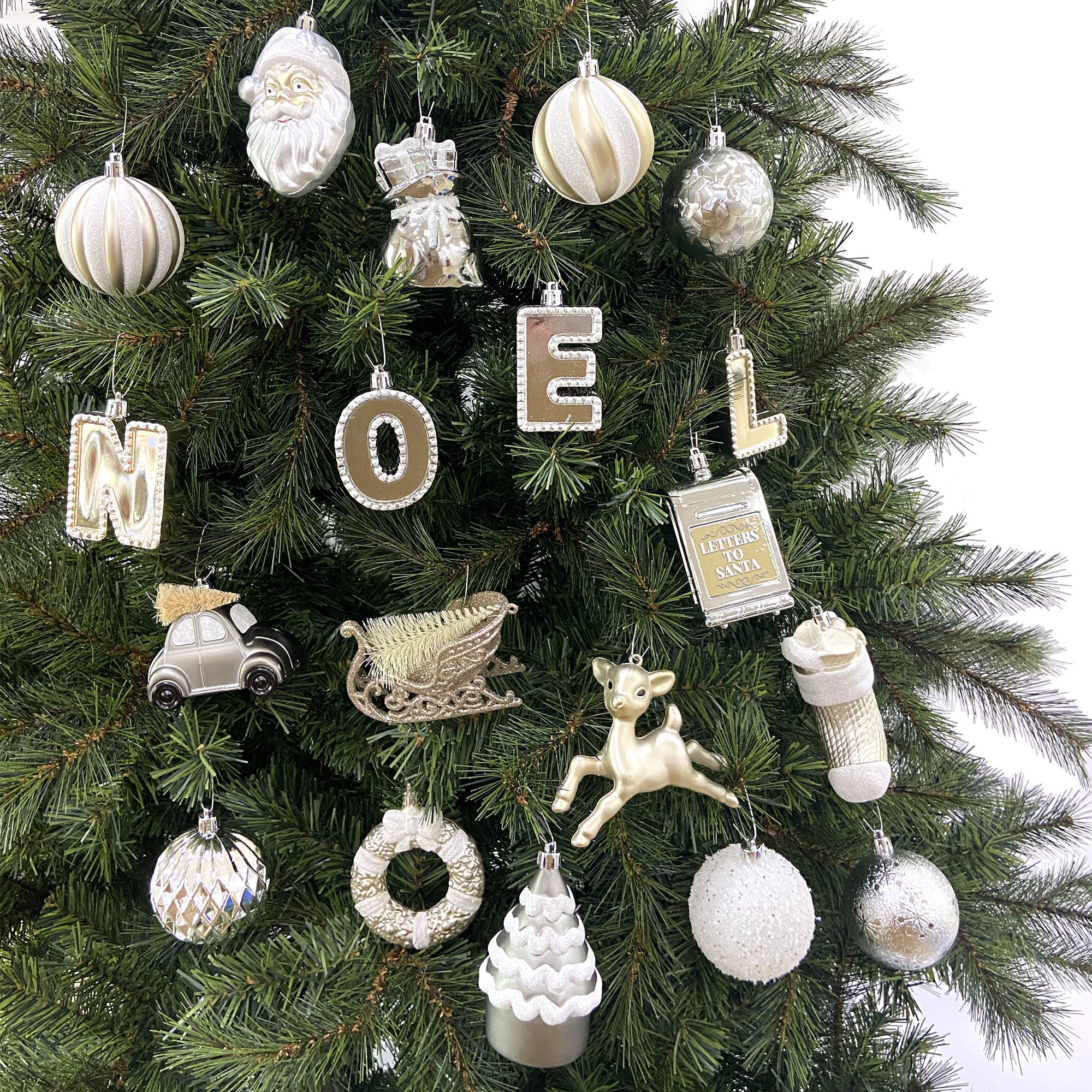 Holiday Time 50-Count Iconic Symbols of Christmas Shatterproof Christmas Ornaments, Gray/Gold/Silver/White, Measures 2.76" in diameter
