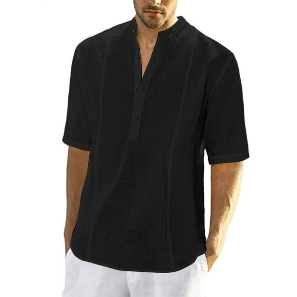 Camisas de lino para hombre, de manga corta, informales, de algodón, con botones, estilo henley, para playa, de verano, corte regular