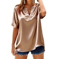 thumbnail image 2 of XUNKUSGA Womens Blouses Soild Color V Neck Silk Satin Tops for Women Lightweight Short Sleeve Work Blouses for Women Business Casual Shirts for Women S-2XL Gold, 2 of 5