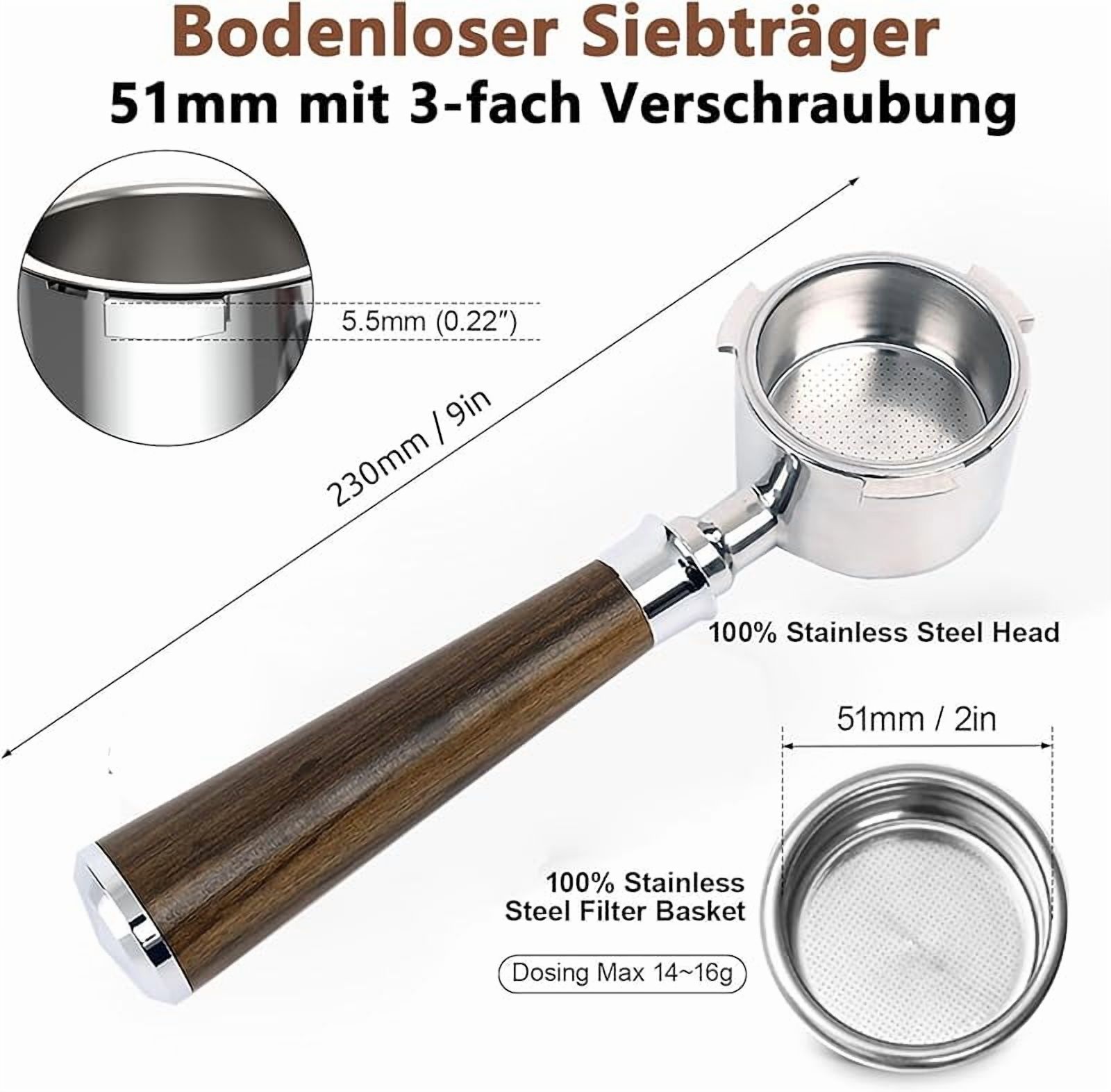 Davonpha 51mm Bottomless Portafilter 3 Ears, Davonpha Professional Espresso Portafilter 51mm compatible with De-longhi EC680, EC685 & EC885 Espresso Machine, Stainless Steel Basket and Walnut Handle
