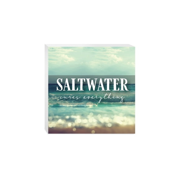 Saltwater Cures Everything Aqua Waves 10 x 10 Wood Tabletop Sign Plaque