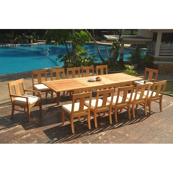 Grade-A Teak Dining Set: 12 Seater 13 Pc: 122" Caranas Double Extension Rectangle Table And 12 Osborne Chairs (2 Arm & 10 Armless Chairs) WholesaleTeak #WMDSWVm