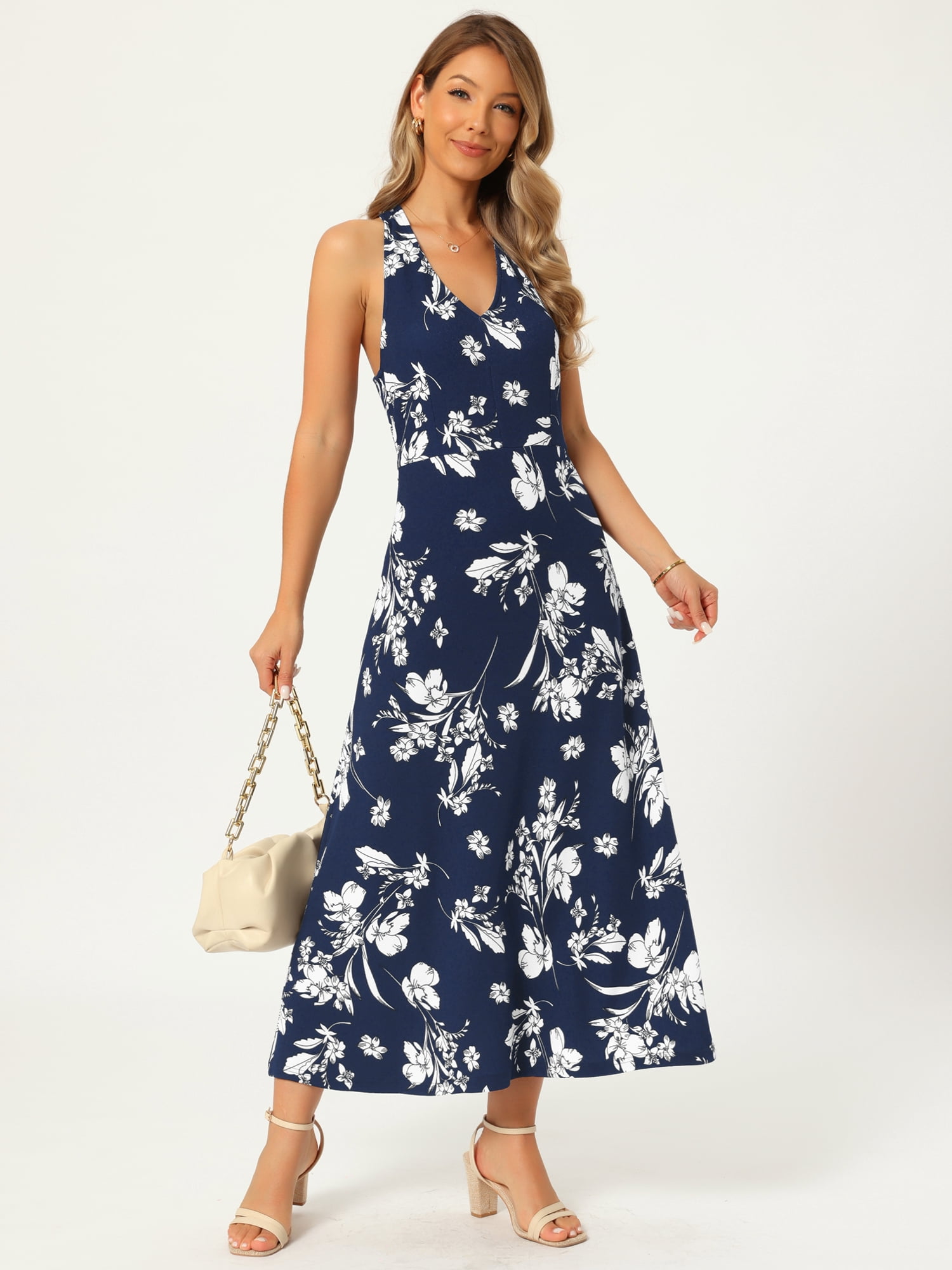 DARING DIVA Women's Halter Sleeveless A-line Maxi Floral Print Casual Sundress M Dark Blue
