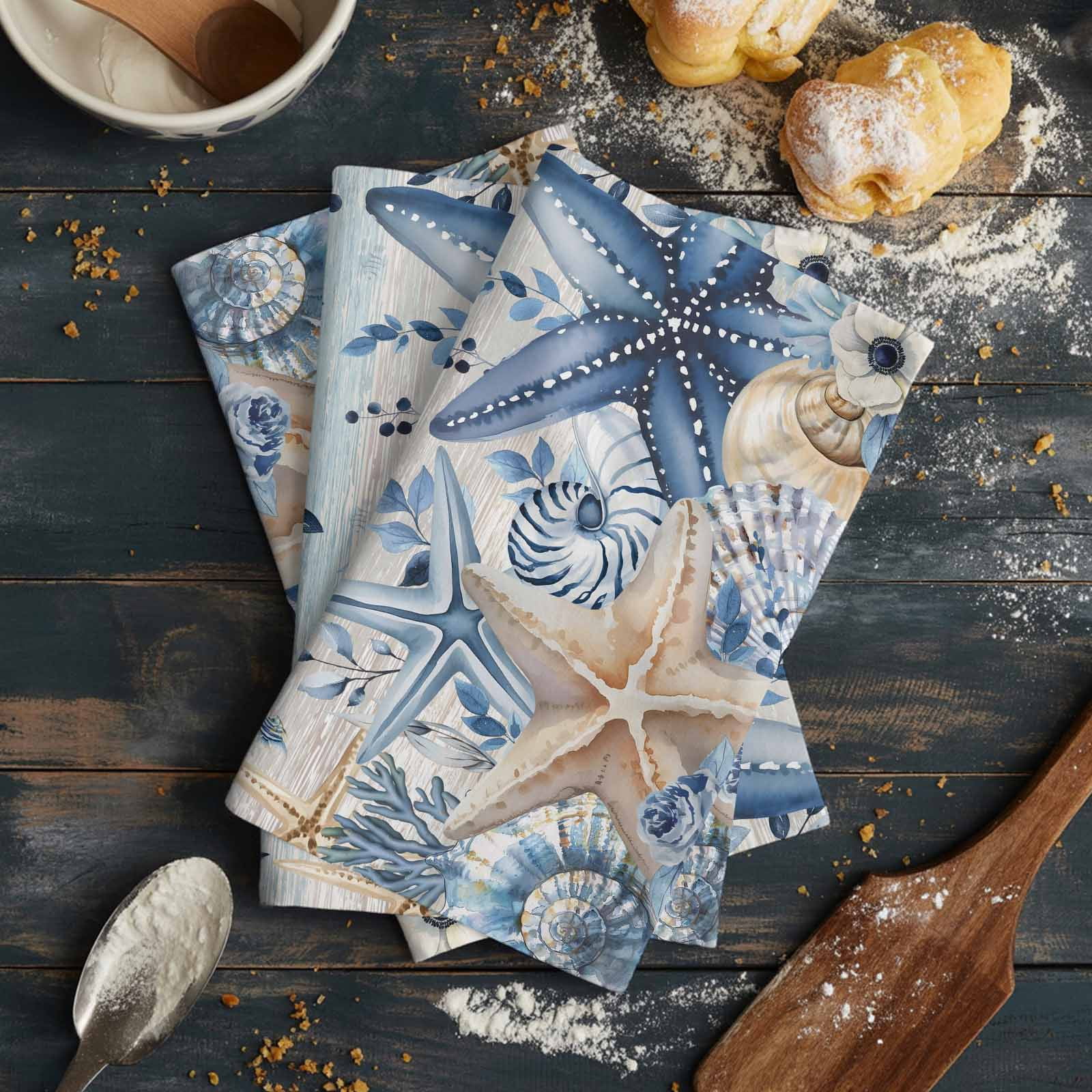 Blue Starfish Coastal 1 Pack Kitchen Towel, Water Absorbent Dish Towel, Eucalyptus Summer Nautical Shell Vintage Decorative Hand Towels - Quick Drying Cloth for Cooking Baking, 18x28 Inch
