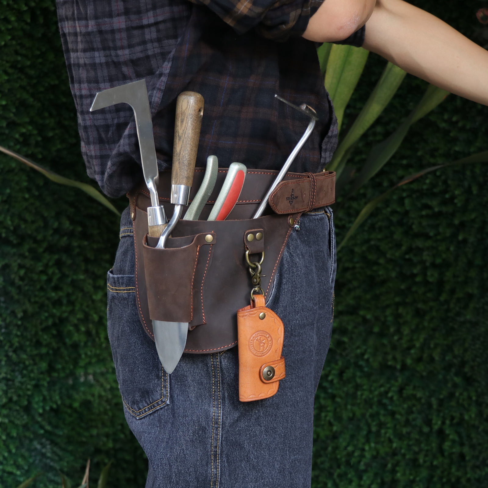 TOURBON Leather Florists Tool Belt Bag Gardener Electrician Carpenter Tools Carrier with 3 Pockets Brown