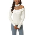 thumbnail image 1 of Suéter de manga larga de cuello en V y choker ajustado para mujer Inspire Chic, blanco, talla S, 1 of 6