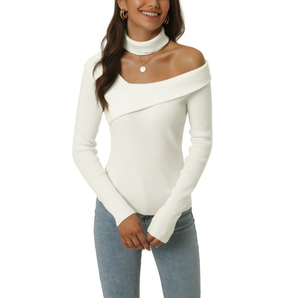 Suéter de manga larga de cuello en V y choker ajustado para mujer Inspire Chic, blanco, talla S