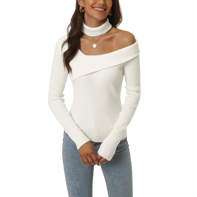 Suéter de manga larga de cuello en V y choker ajustado para mujer Inspire Chic, blanco, talla S