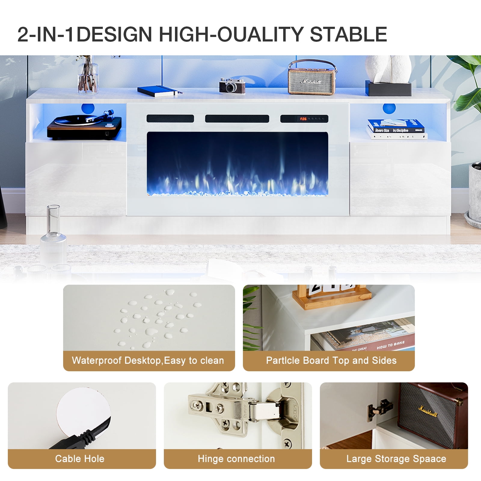Easoger Fireplace TV Stand for TVs up to 80", TV Stand with 36'' Electric Fireplace, LED Lights Entertainment Center, TV Console, White