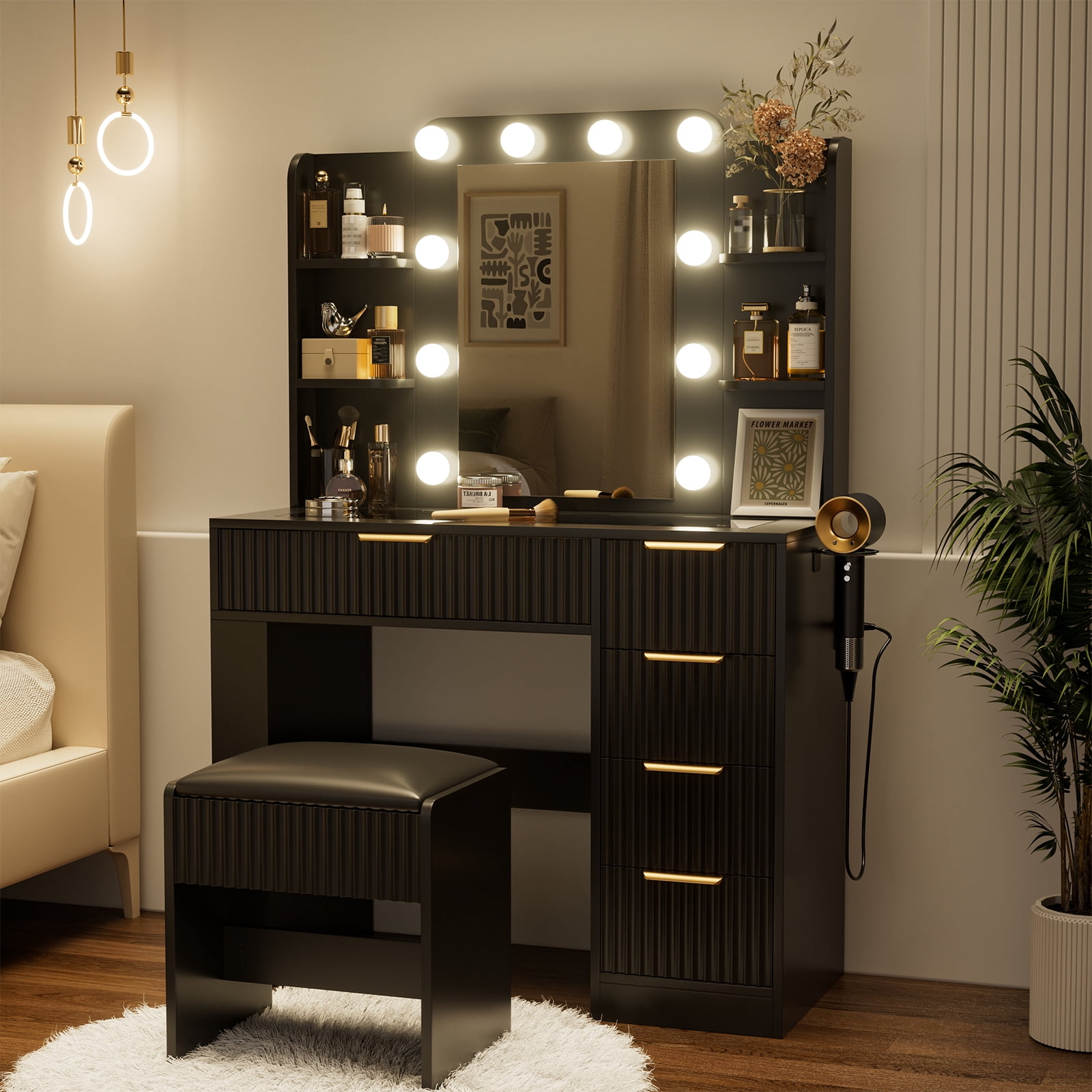 Hommoo Vanity Desk with Mirror and 3 Colors Lights, Makeup Vanity Set Dressing Table with Charging Station, Transparent Tabletop, 5 Drawers & Open Storage for Bedroom, Black