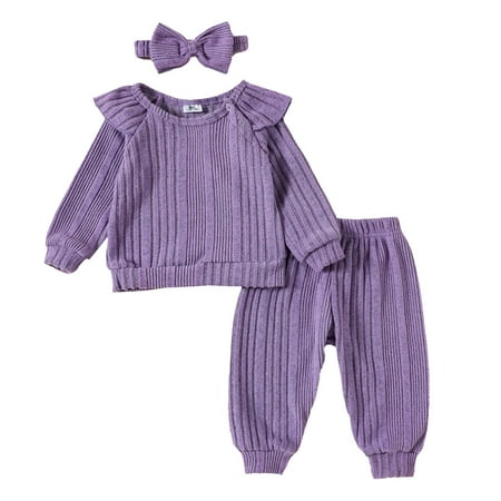 

LNMQLPDBS Girl Clothes European and American Babies and Girls Clear Color Flying Sleeve Long Sleeve Top Trousers Headwear Three Suit Girls Summer Outfits