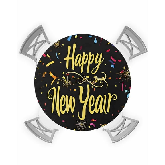 nqOlkjepod Happy New Year Round Tablecloth, Fitted Table Cover with Elastic for 45"-54" Round Tables, Colorful Modern Abstract Art Table Cloth Outdoor Indoor Dinning Party Waterproof Tablecloths