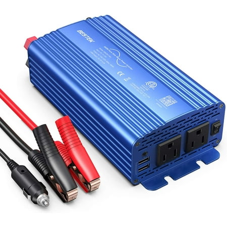 BESTEK 500W Pure Sine Wave Power Inverter DC 12V to 110V AC Car Plug Inverter Adapter Power Converter with 4.2A Dual USB Charging Ports and 2 AC Outlets Car Charger ETL Listed Blue