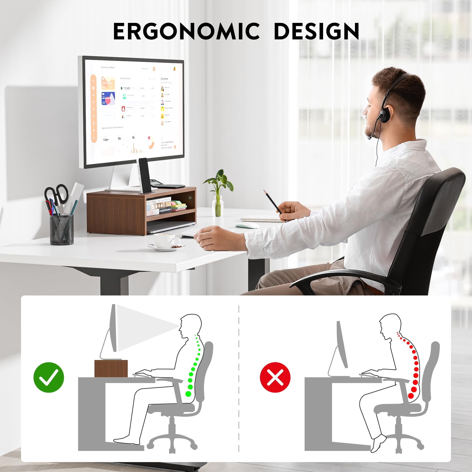 Wooden Monitor Stand Riser  2-tier Desk Shelf With Storage Organizer Computer Cable Management Cellphone Holder Walnut 16.5 Inch