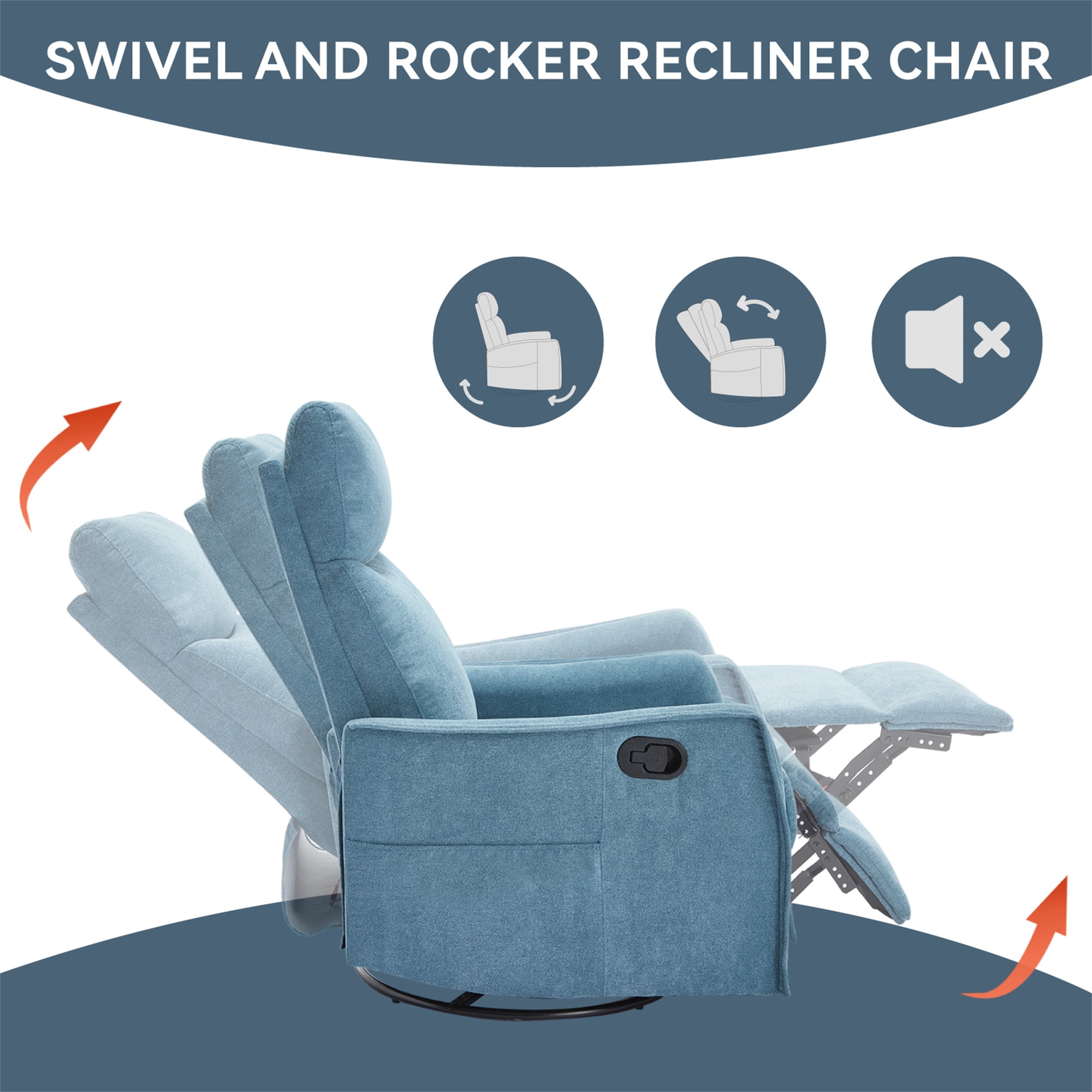 Aukfa Swivel Rocker Recliner Glider Chair with Heat & Massage for Adults, Living Room, Blue