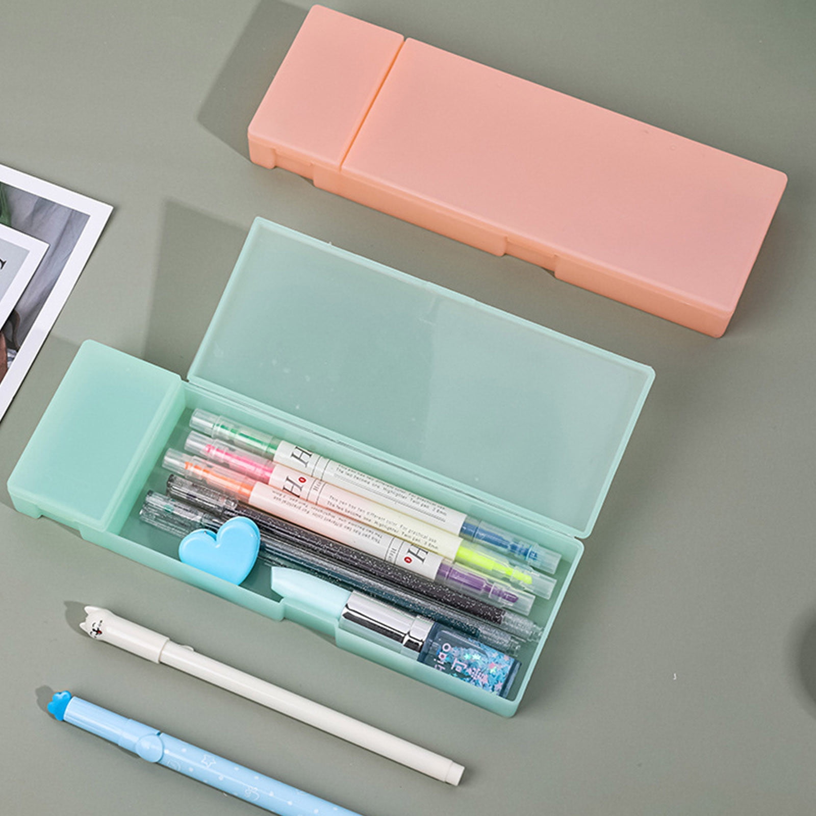 Pencil Box Plastic Pencil Box- 1 Pack Pencil Box Hard Pencil Case Crayon Box with Snap Tight Lid Plastic Pencil Boxes Stackable Design Office Supplies Storage Organizer Box