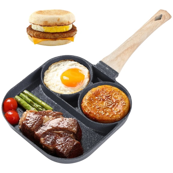 3-in-1 Nonstick Egg Frying Pan with Wood Grain Handle – Triple-Section Pancake & Burger Cooker, Compatible with Induction & Gas Stoves, Black