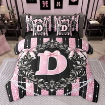 Homewish Glitter Monogrammed D Bedding Comforter Set 7 Pieces, Bling Stripes Lines Full Bedding Set, Modern Fashion Diamond Reversible Fitted Sheet Flat Sheet, Lightweight Room Decor