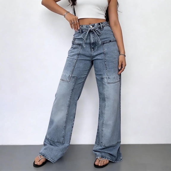 uublik Womens Jeans High Waisted Stretchy Straight Leg Elastic Waist Trendy Denim Pants, Blue