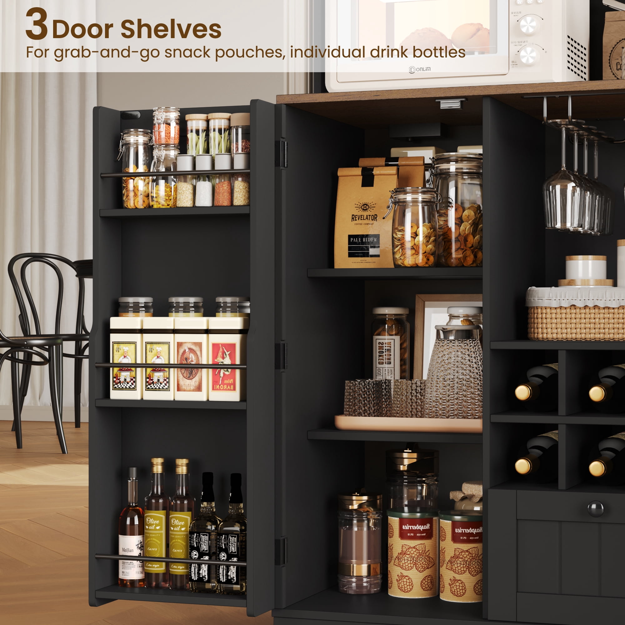 Homfa 71.3'' Kitchen Pantry Storage Cabinet with Charging Station, LED Light Kitchen Hutch Cabinet with Doors and Shelves and Wine Holder, Black