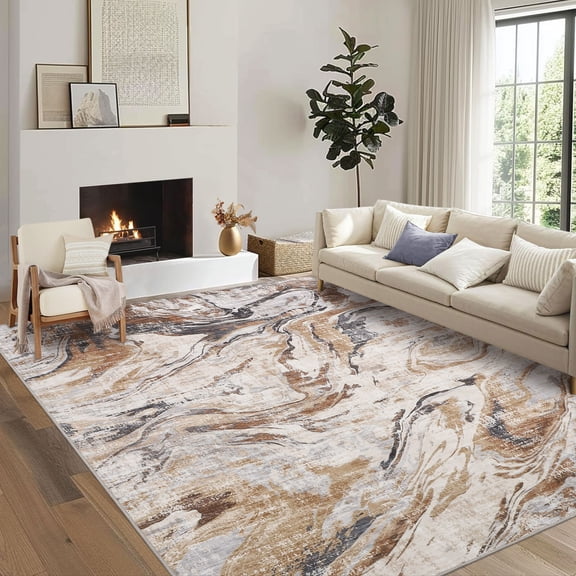 FairOnly 8'x10' Modern Abstract Area Rugs for Living Room Washable Low Pile Soft Bathroom Rugs Brown Ultra-Thin Rugs for Bedroom Non Shedding Carpet
