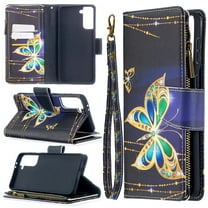 Samsung Galaxy S21 5G Case with Zipper Wallet, Dteck Painted PU Leather Folio Case 9 Card Slots Wallet Case with Zipper Pocket / Hand Strap for Samsung Galaxy S21 6.2 inch, 05# Gold Butterfly