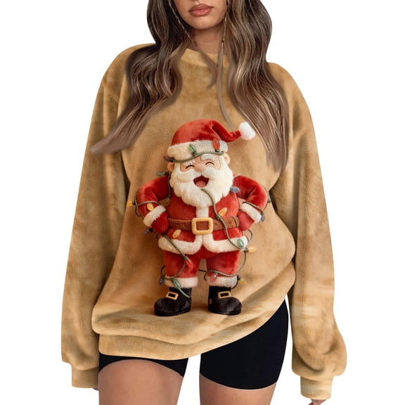 Christmas Sweatshirt for Women Fleece Lined Long Sleeve Crewneck Pullover Top Multicolor XL