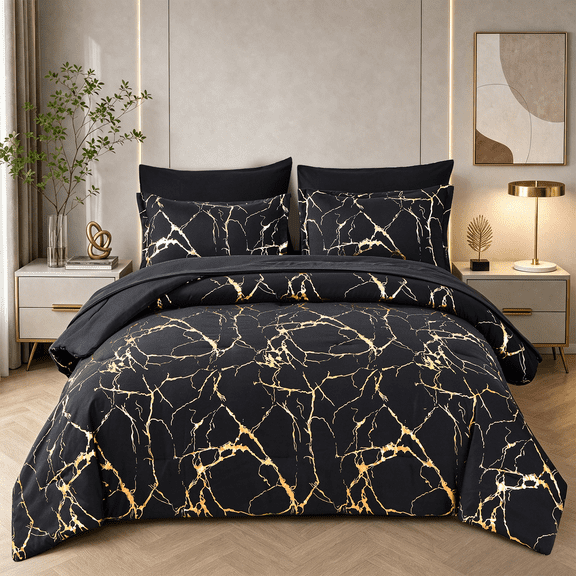 Flymme Black Marble Comforter Sets Queen Size Bed in a Bag 7 Pieces Modern Gold Marble Texture Bedding Comforter Set with Sheets for All Season