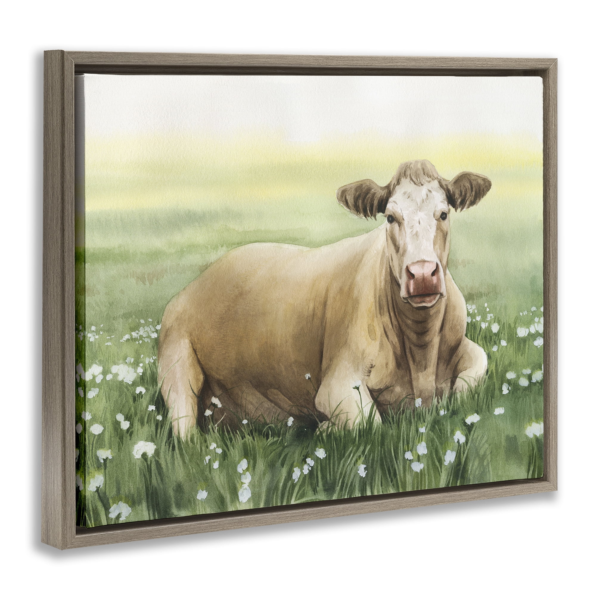 Stupell Industries Resting Beige Cow Animals & Insects Painting Brown Floater Framed Canvas Art Print Wall Art, 21 x 17
