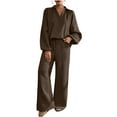 thumbnail image 2 of YueHuiYing Womens 2 Piece Outfits V-Neck Long Sleeve Pullover Tops Wide Leg Long Pants Casual Lounge Set Travel Tracksuit, 2 of 9