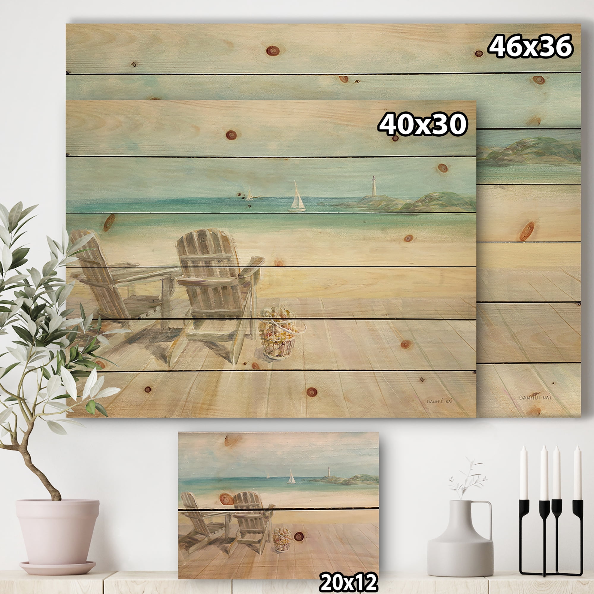 Designart 'Seaside Morning no Window' Coastal Print on Natural Pine Wood