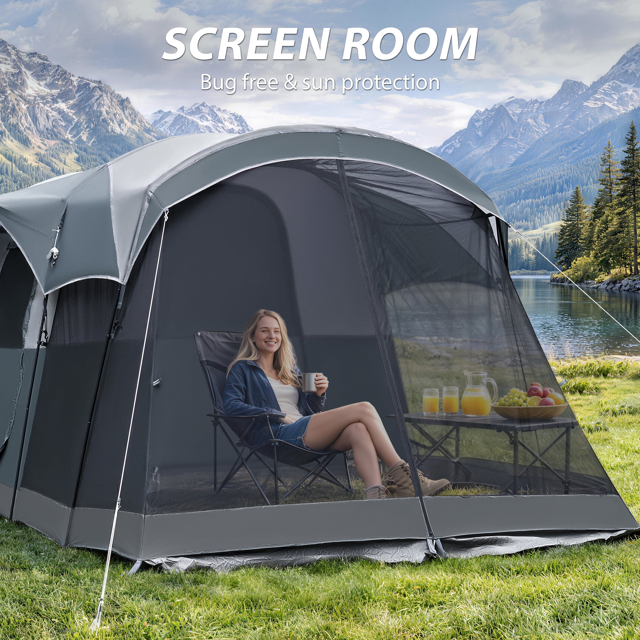EVER ADVANCED 8 Person Family Camping Tent with Screen Porch, Portable Cabin Tent with Rainfly, Gray
