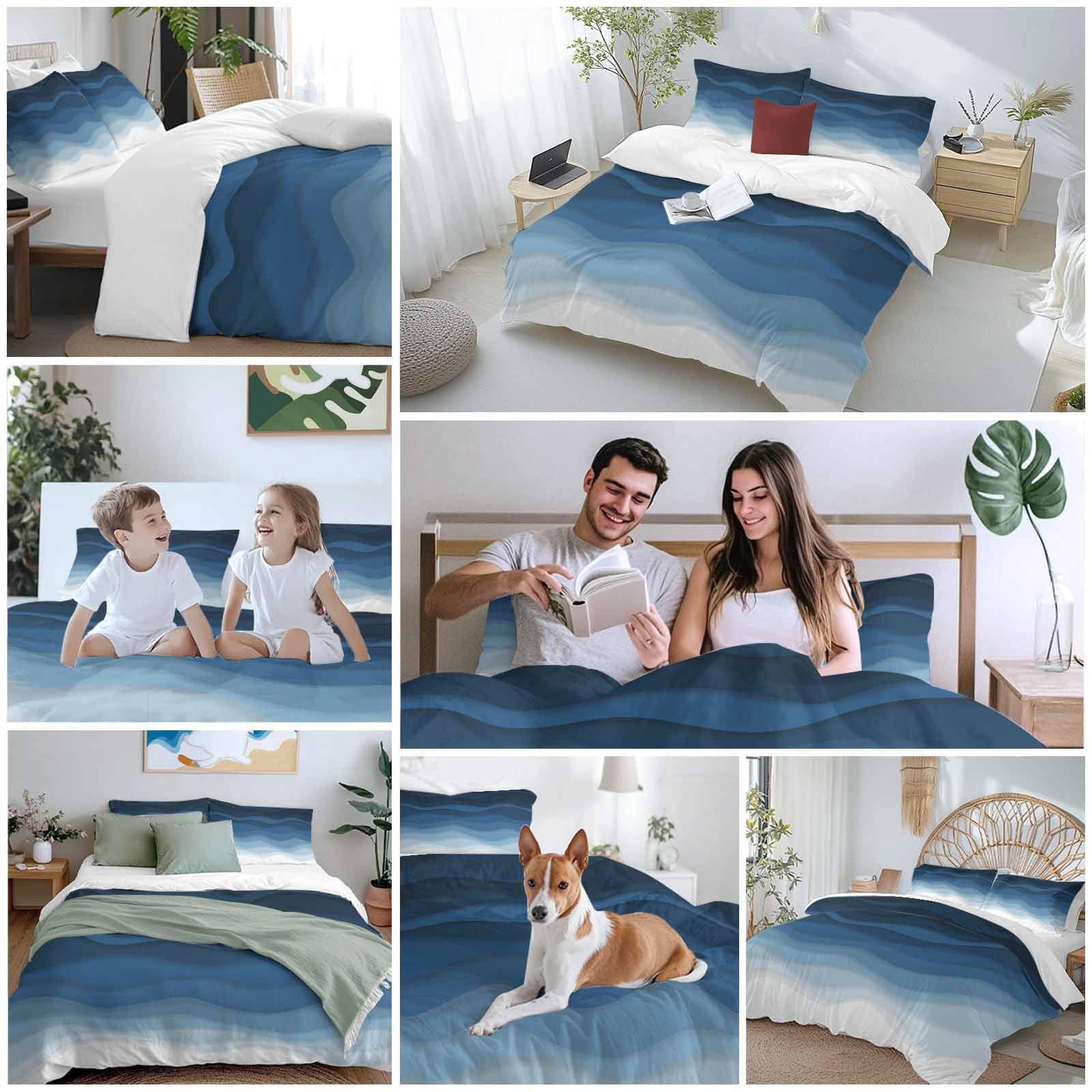 Navy Blue Ombre Bedding 3 Piece Duvet Cover Set Queen Size, Modern Moire Wave Gradient Soft Microfiber Comforter Cover with Zipper Closure & Pillowcases, Wrinkle & FadeResistant Quilt Cover