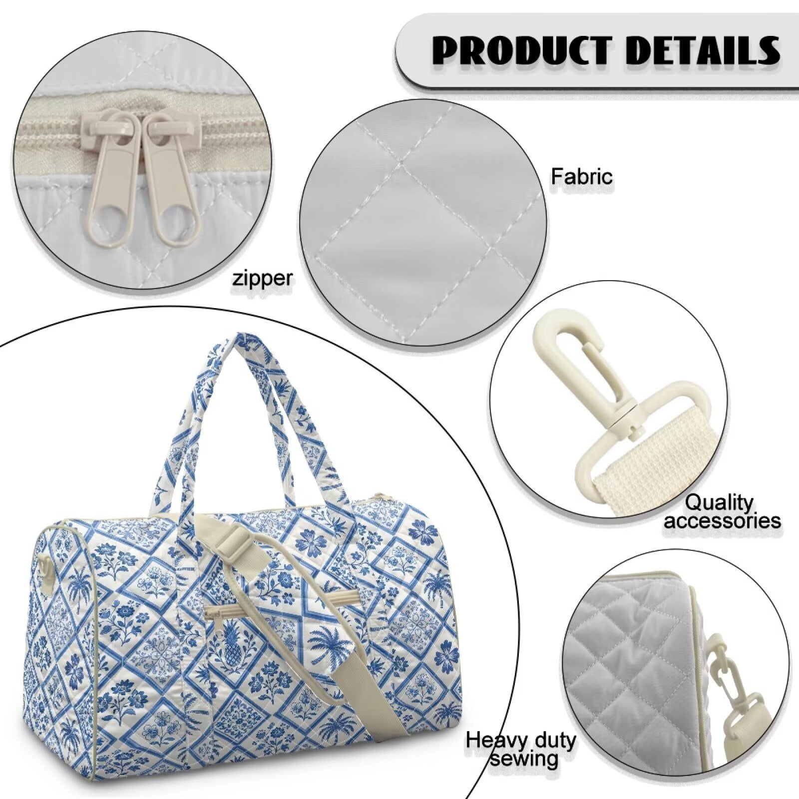 Pzuqiu Blue Floral Quilted Weekender Bag for Women Polyester Fabric Large Capacity Puffer Travel Duffle Carry On Tote with Luggage Sleeve for Gym Overnight Trips Versatile