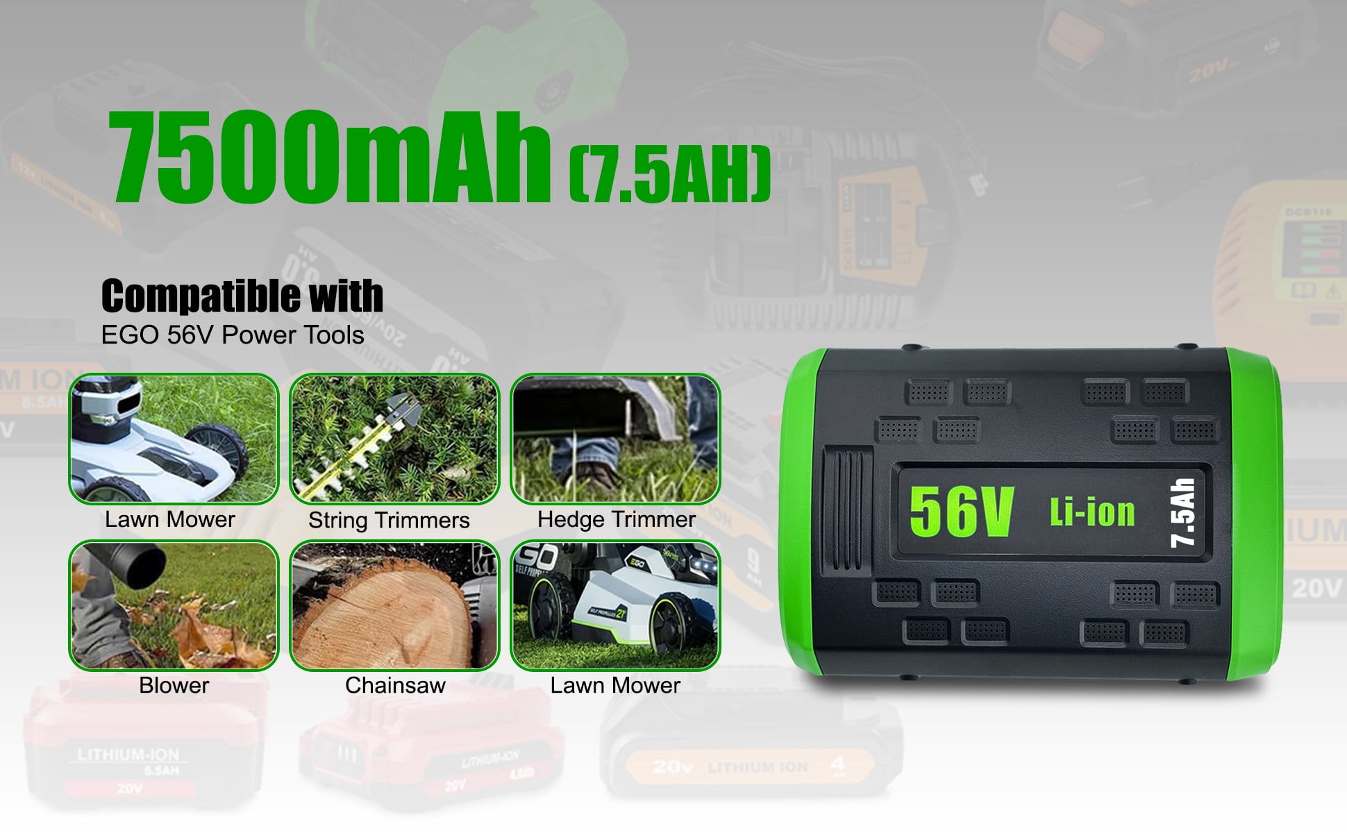 BA4200T 56V 7.5Ah Battery Replacement for EGO 56V Lithium Battery Compatible with EGO 56V Power 5.0Ah BA2800 BA2800T Battery Green