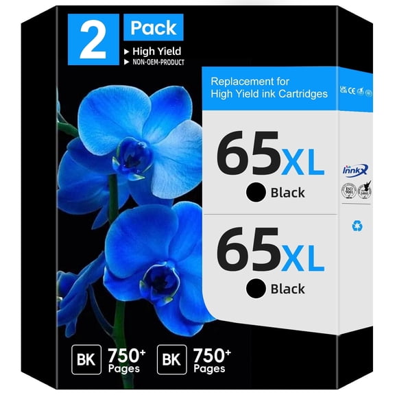 65XL 65 Black Ink Cartridges, Compatible for HP 65 Black Ink Cartridges Work With HP Printer DeskJet 3755 2600 3772 Envy 5055 5000 AMP 100 Series2 Pack