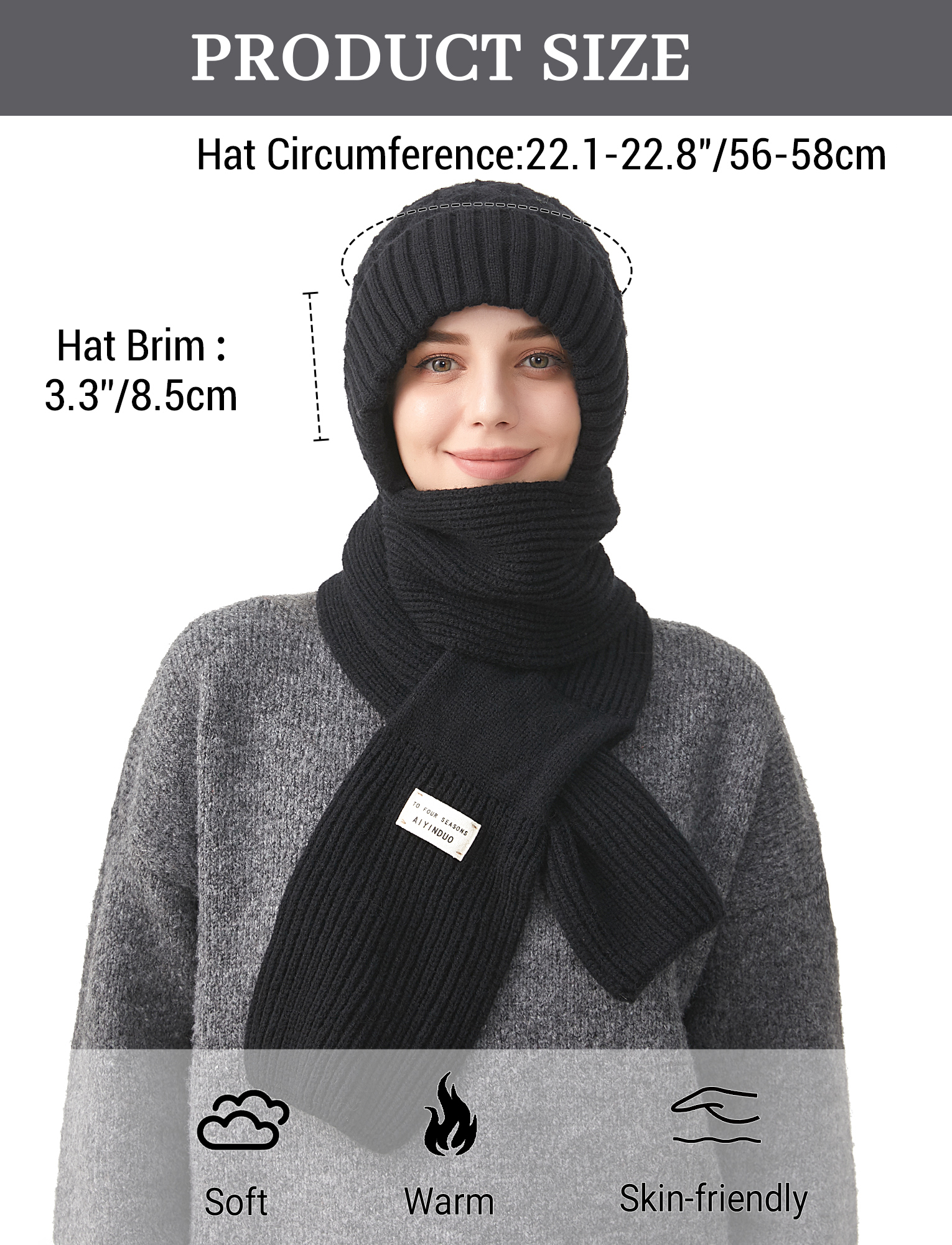 FEOYA Women Balaclava Hood Scarf Hat Winter Beanie Hats Scarf One Piece Integrated Ear Protection Windproof Cap Scarf Warm Fleece Knitted Ski Scarf Hat Black